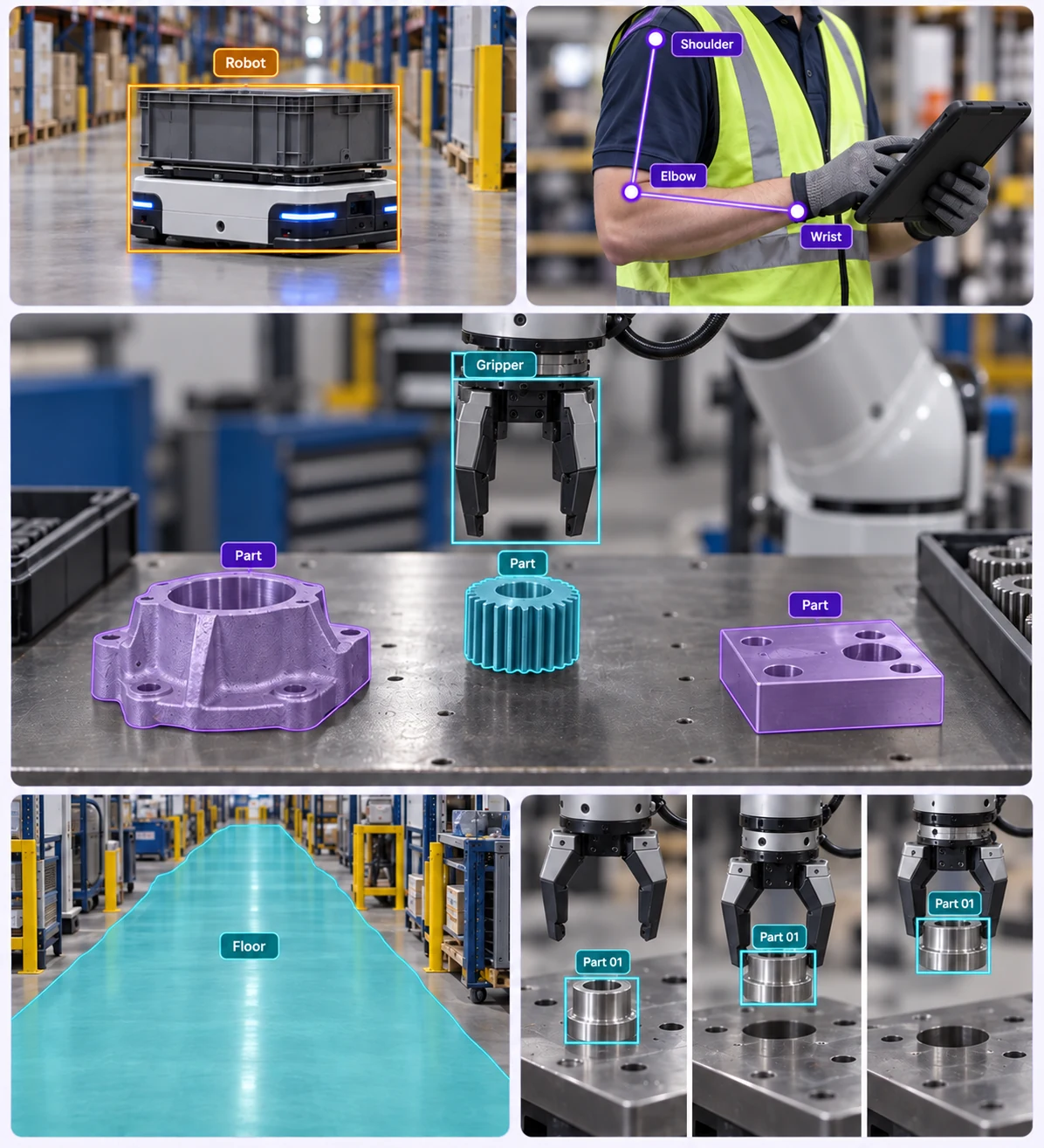 Robot detection, arm keypoints, metal-part instance masks, floor segmentation, and tracked picking frames