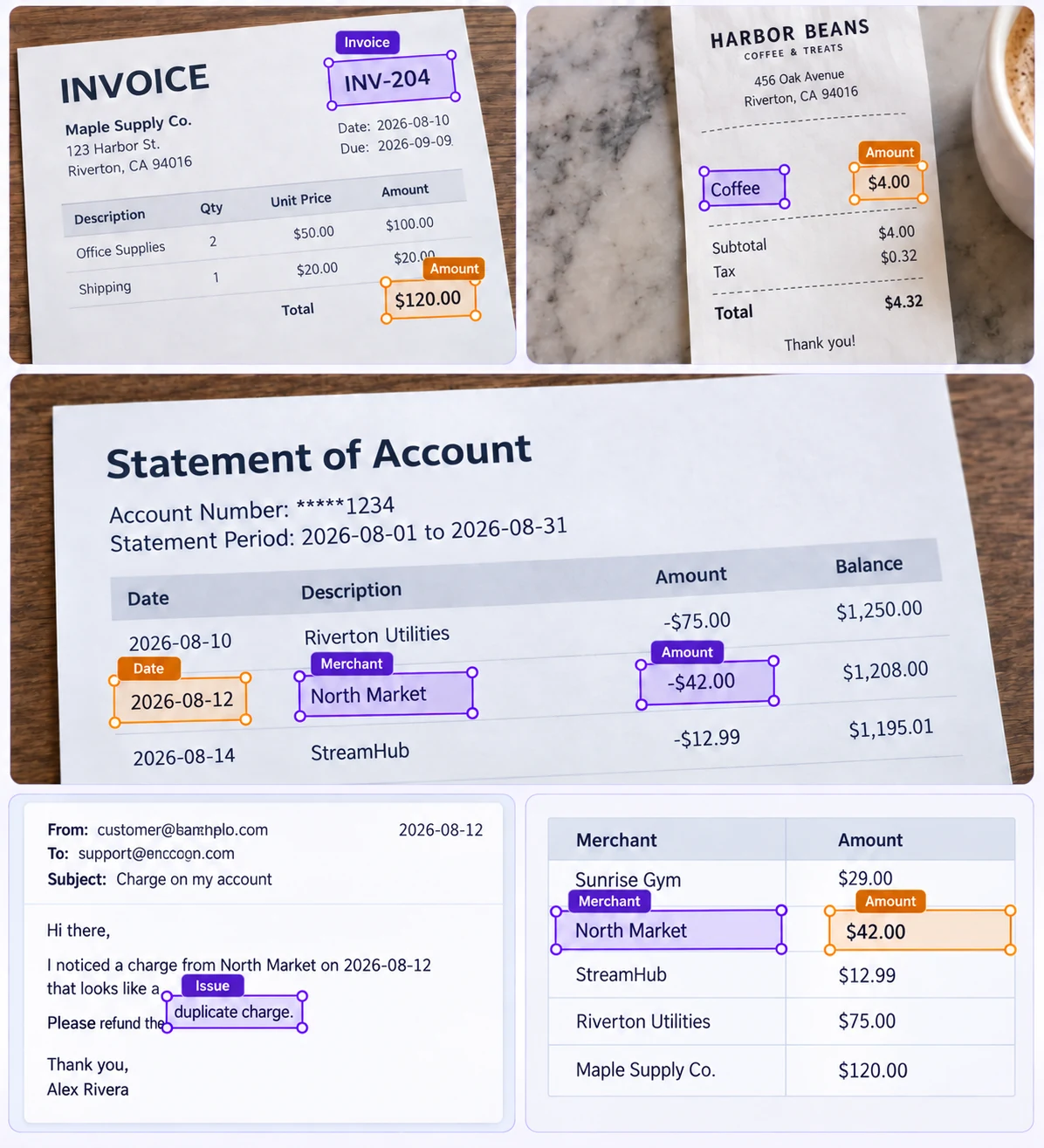 Invoice totals, receipt fields, bank statement rows, support text spans, and transaction cells