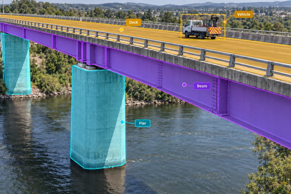 Bridge inspection with segmented beams, piers and deck, and a detected vehicle