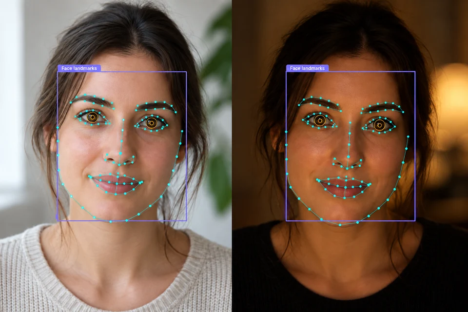 Two portraits annotated with facial contours, dense landmarks and iris boundaries