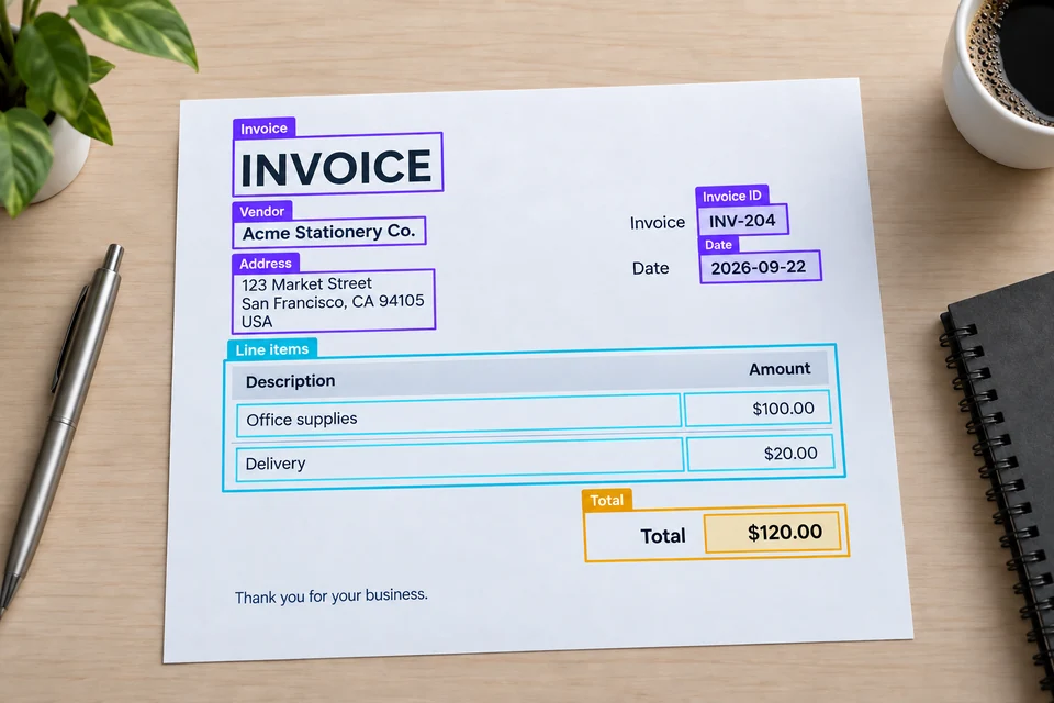 Invoice annotated with vendor, address, invoice ID, date, line items and total