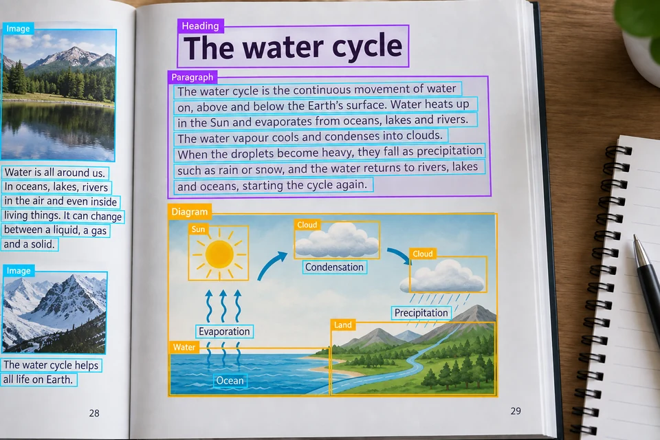 Textbook with line-level OCR, document regions and annotated diagram objects