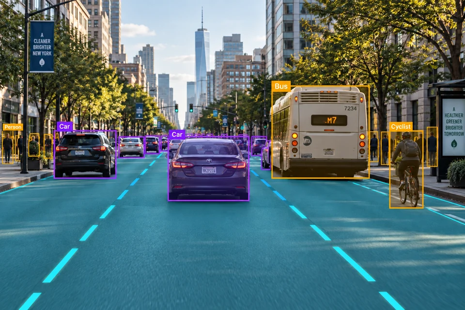 Street scene with vehicle and pedestrian detection, lane markings and road segmentation