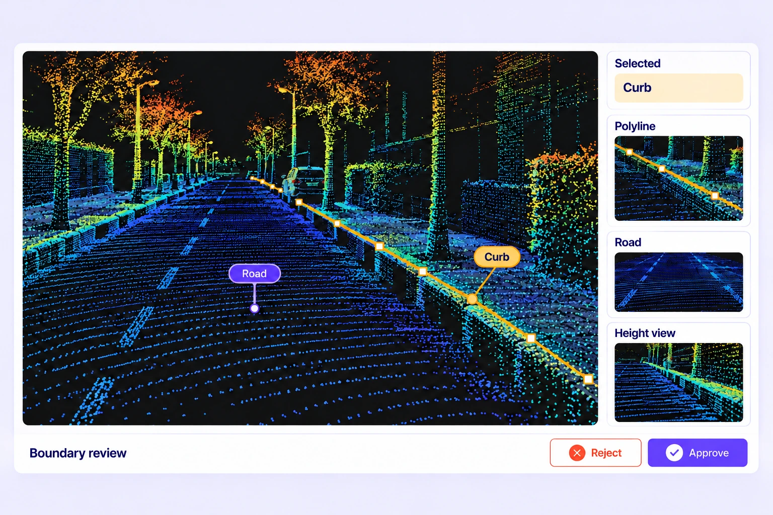 Road point cloud with labeled road points and a vertex-based polyline following the curb edge. Road point cloud with labeled road points and a vertex-based polyline following the curb edge.
