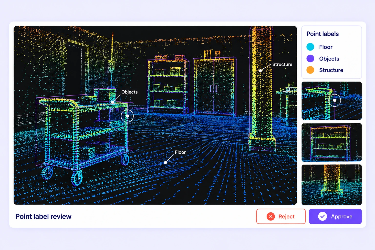 Workshop point cloud with floor, objects, and structural points labeled in distinct classes. Workshop point cloud with floor, objects, and structural points labeled in distinct classes.