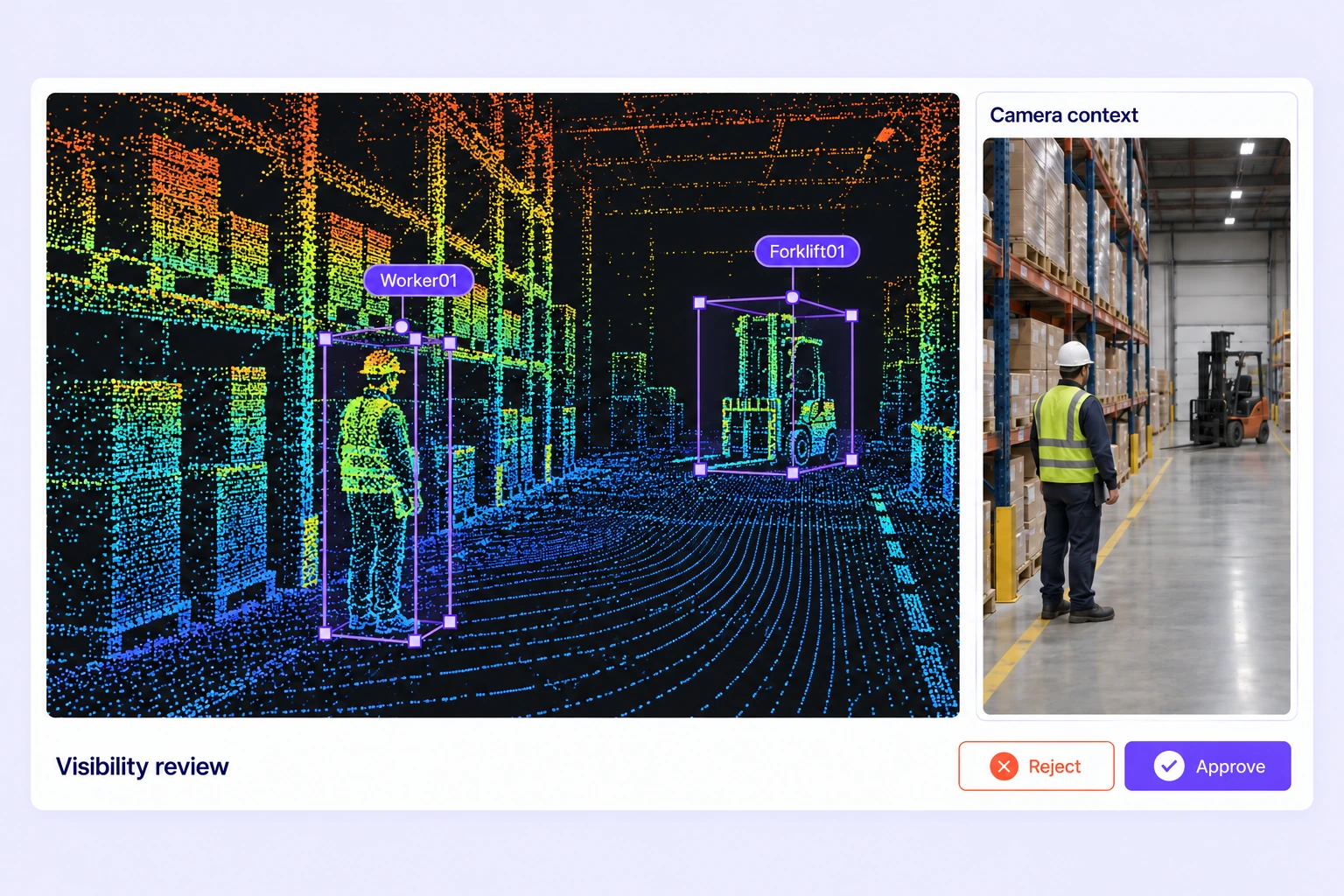 Worker and forklift labeled with separate 3D cuboids in a warehouse point cloud with camera context. Worker and forklift labeled with separate 3D cuboids in a warehouse point cloud with camera context.