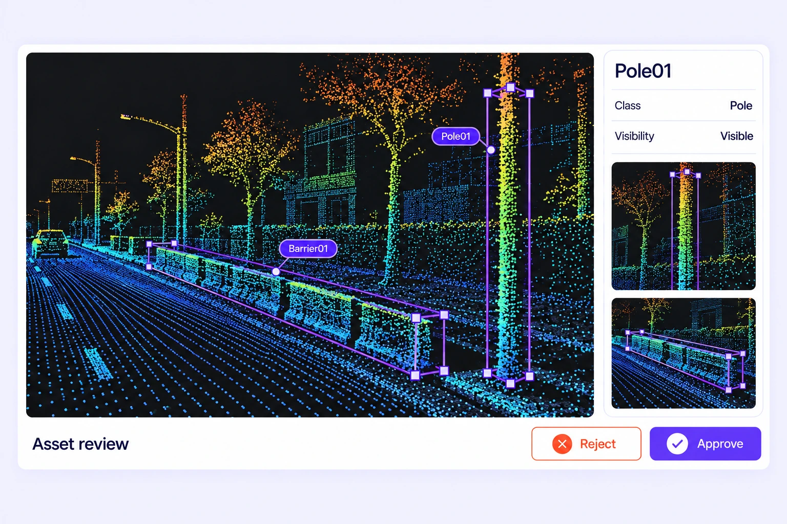 Roadside pole and barrier enclosed by separate 3D cuboids in an infrastructure point cloud. Roadside pole and barrier enclosed by separate 3D cuboids in an infrastructure point cloud.