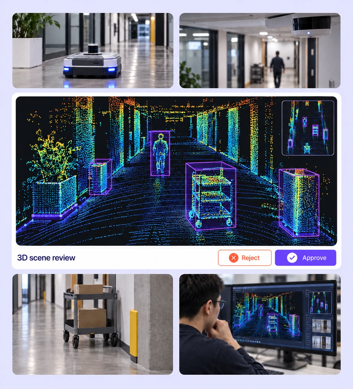 Indoor LiDAR scan with height-colored point returns and cuboids for people, carts, and obstacles.