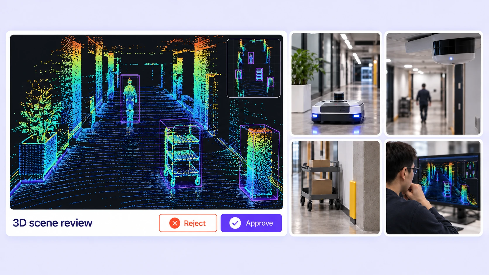 Indoor LiDAR scan with height-colored point returns and cuboids for people, carts, and obstacles. Indoor LiDAR scan with height-colored point returns and cuboids for people, carts, and obstacles.
