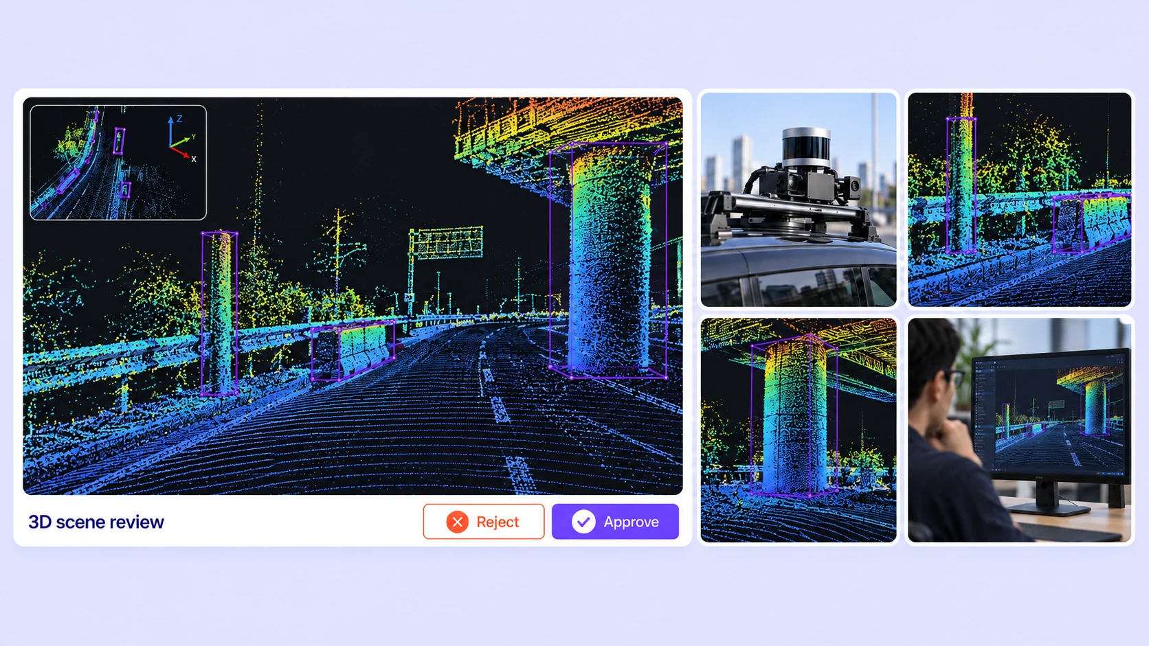 Roadside LiDAR scan with labeled poles, barriers, guardrails, and a bridge pier. Roadside LiDAR scan with labeled poles, barriers, guardrails, and a bridge pier.