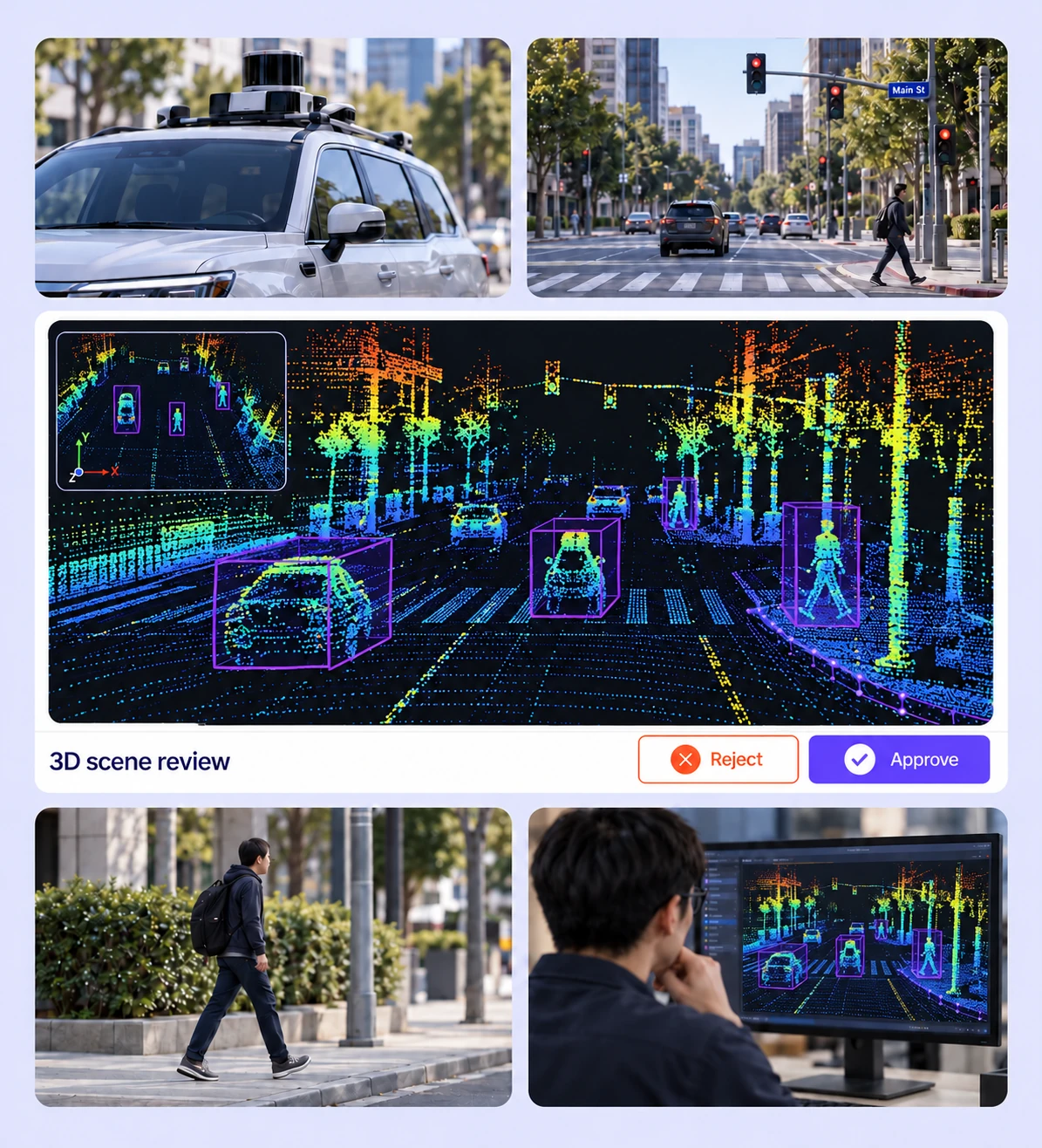 LiDAR street scan with height-colored laser returns and labeled vehicle and road-user cuboids. LiDAR street scan with height-colored laser returns and labeled vehicle and road-user cuboids.