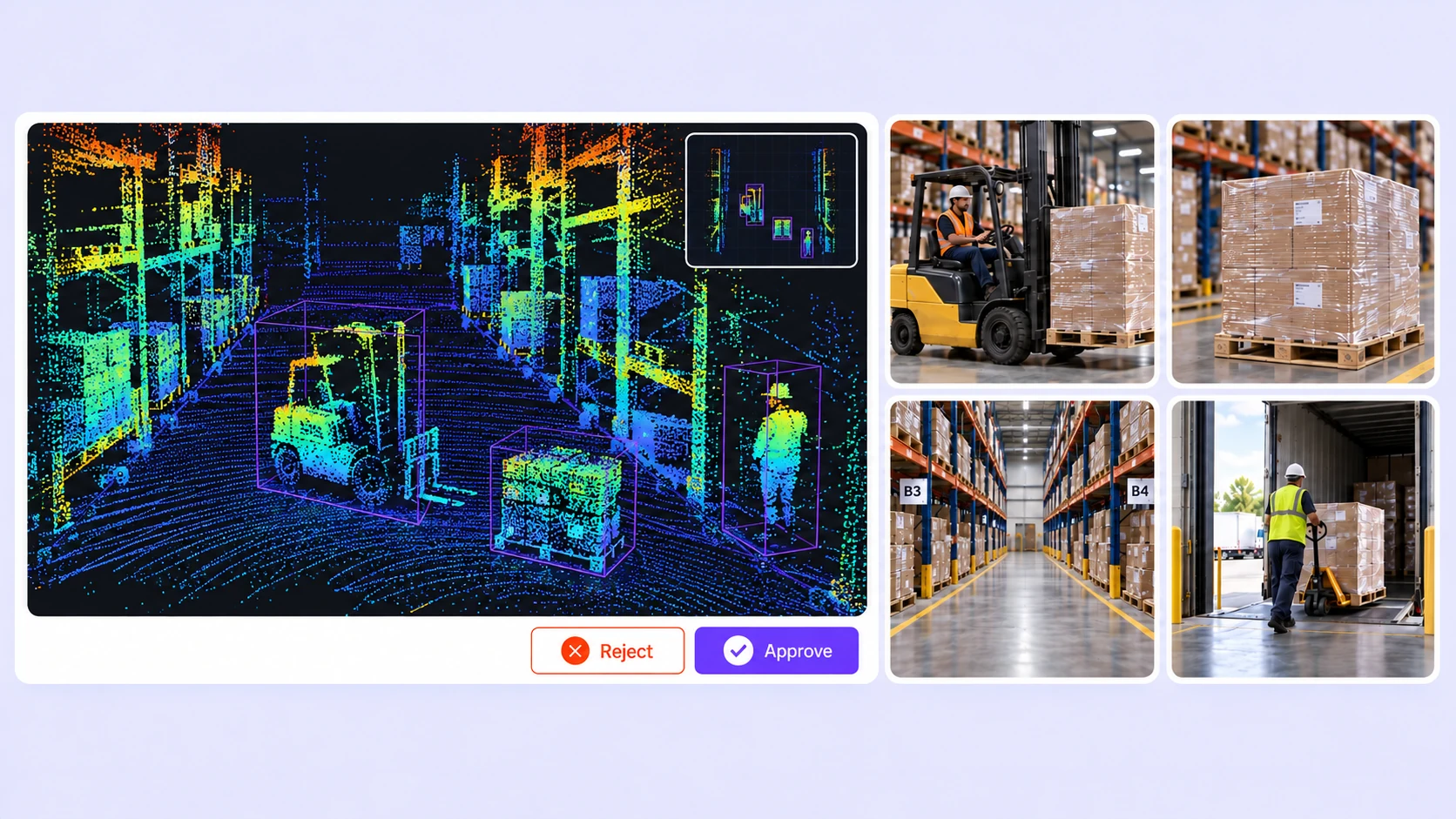 Warehouse LiDAR scan with height-colored returns and cuboids for a forklift, pallets, and workers. Warehouse LiDAR scan with height-colored returns and cuboids for a forklift, pallets, and workers.