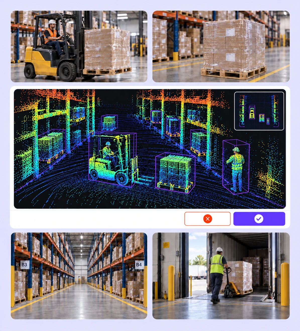 Warehouse LiDAR scan with height-colored returns and cuboids for a forklift, pallets, and workers.