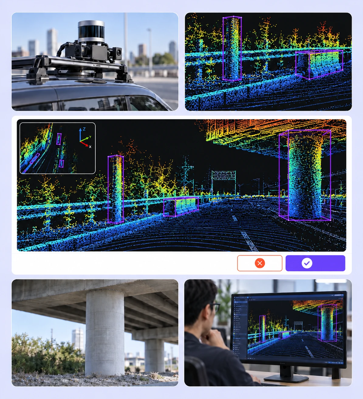 Roadside LiDAR scan with labeled poles, barriers, guardrails, and a bridge pier.