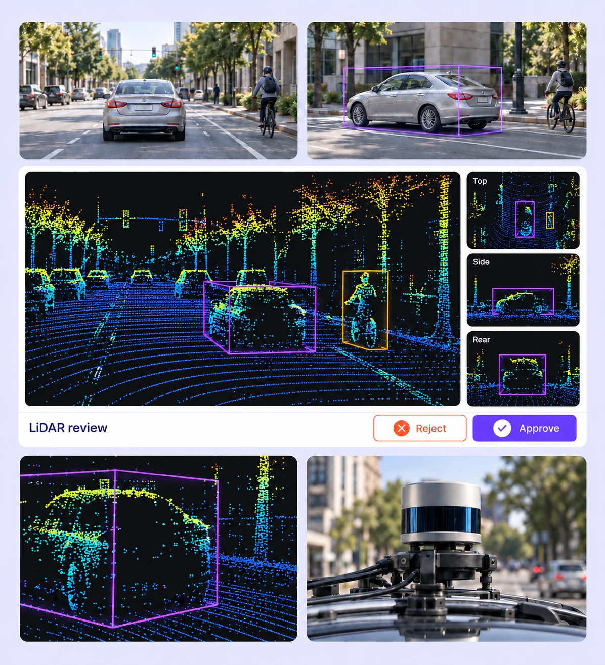 A height-colored LiDAR road scene with vehicle cuboids is reviewed alongside calibrated camera context and close views of the selected 3D box.