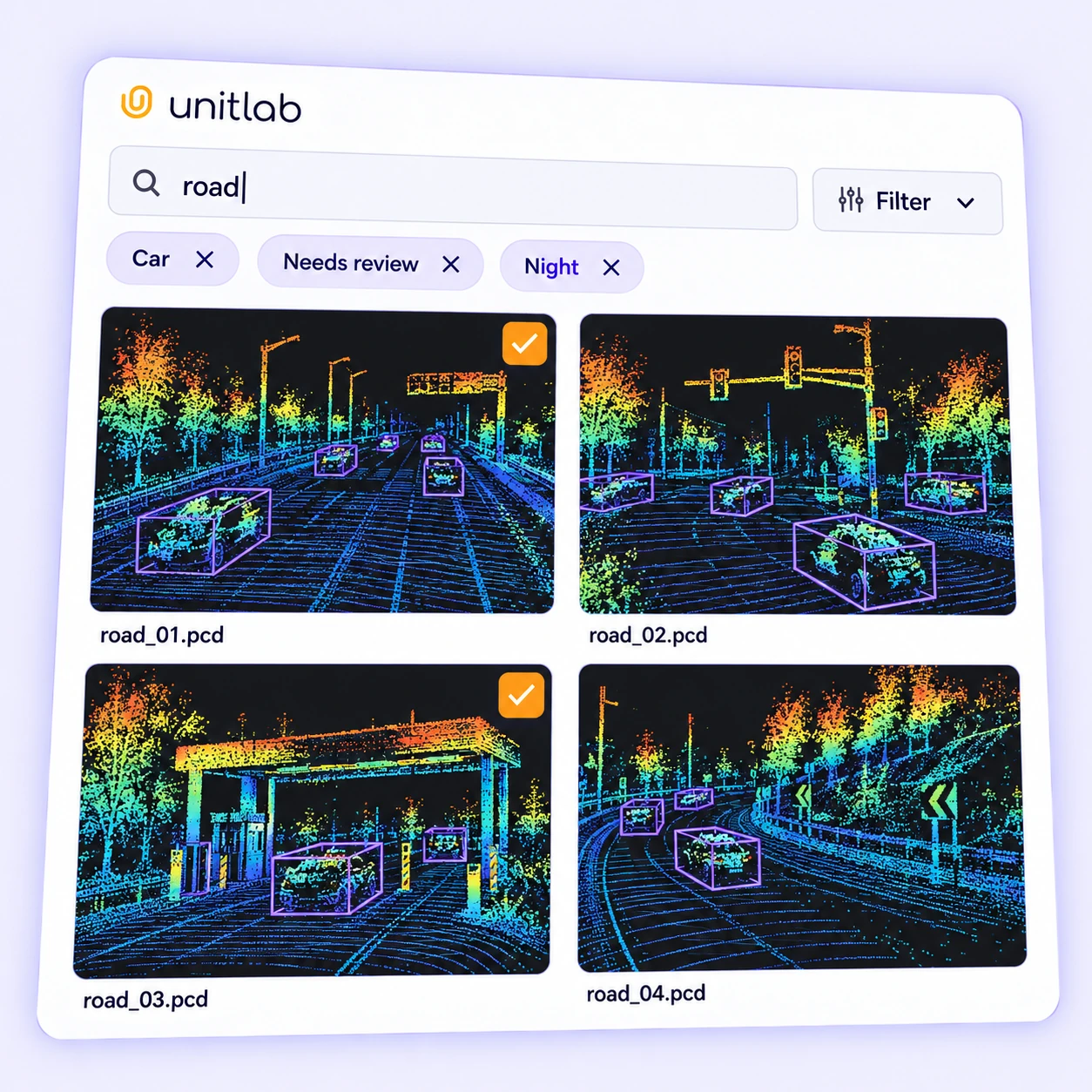 LiDAR road scenes filtered by car class, review status, and a night tag, with selected PCD scenes. LiDAR road scenes filtered by car class, review status, and a night tag, with selected PCD scenes.
