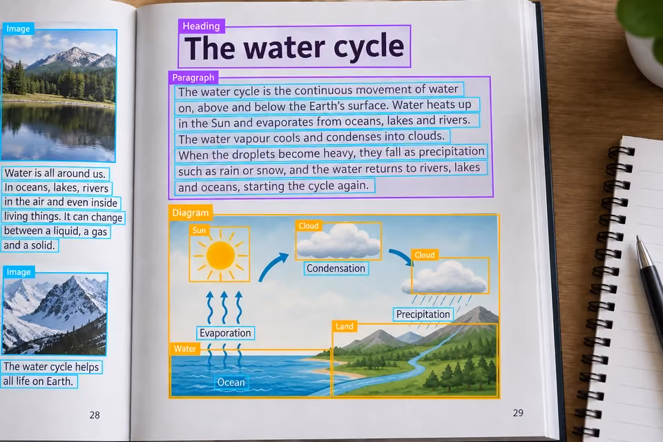 Textbook with line-level OCR, document regions and annotated diagram objects