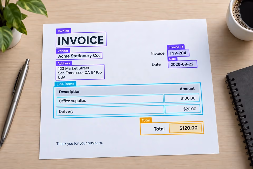 Invoice annotated with vendor, address, invoice ID, date, line items and total