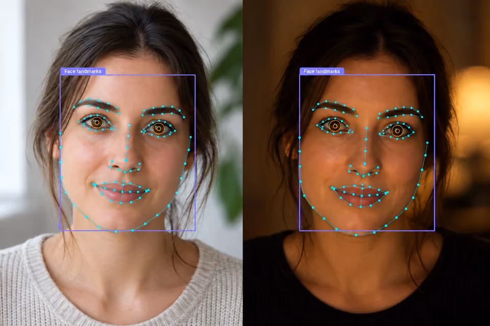 Two portraits annotated with facial contours, dense landmarks and iris boundaries