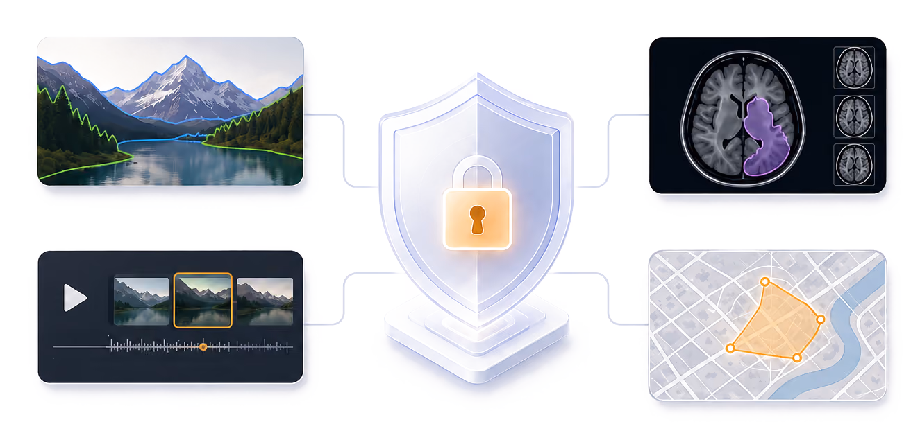 Protected multimodal annotation workflows for image, video, medical, and geospatial data.