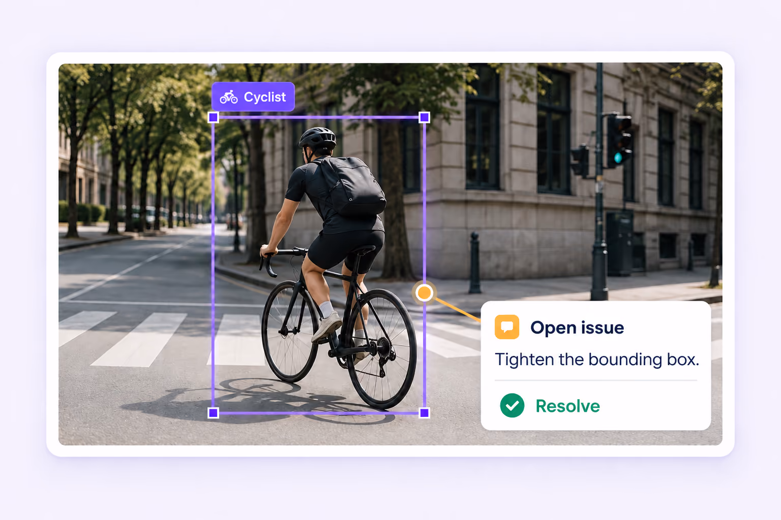 Annotation issues and resolution An open issue anchored to a cyclist bounding box with a request to tighten the annotation and a Resolve action.