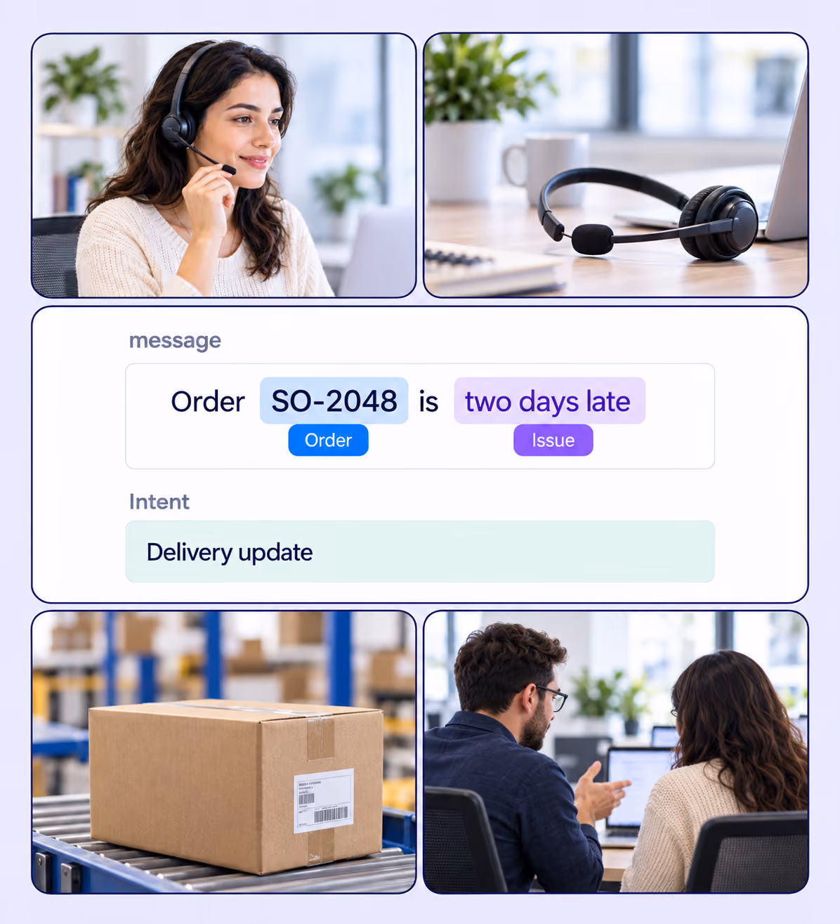 Customer support collage with a delivery record labeled for order, issue and intent.