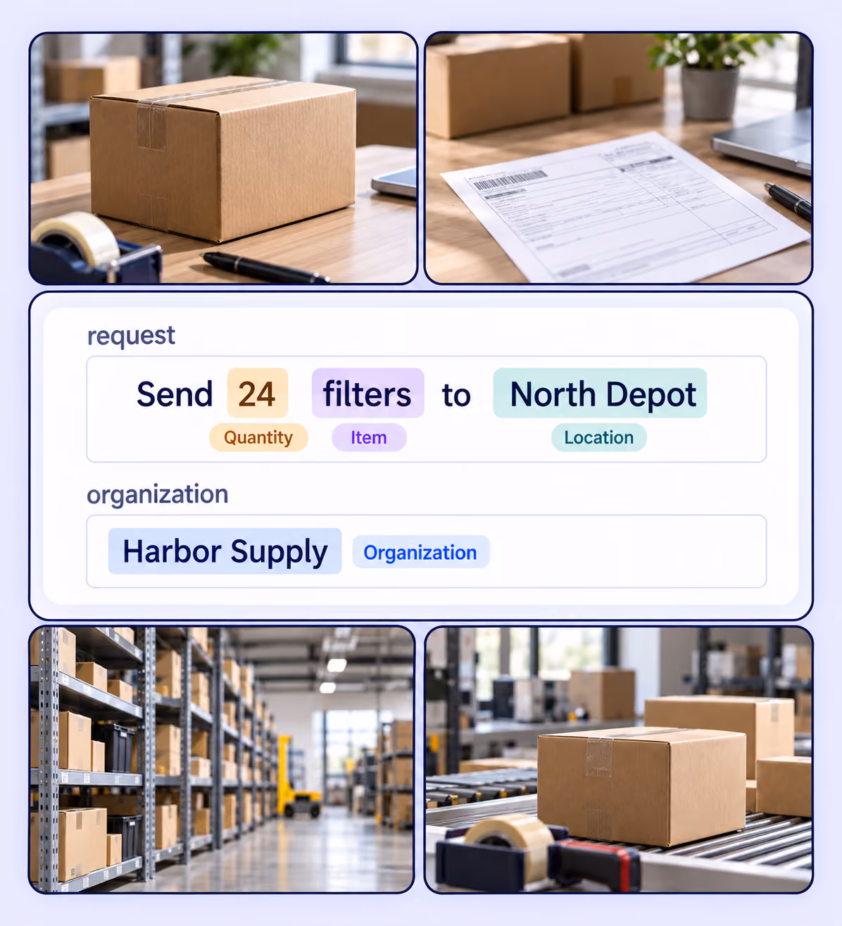 Operational records collage with labeled quantity, item, location and organization spans. Operational records collage with labeled quantity, item, location and organization spans.