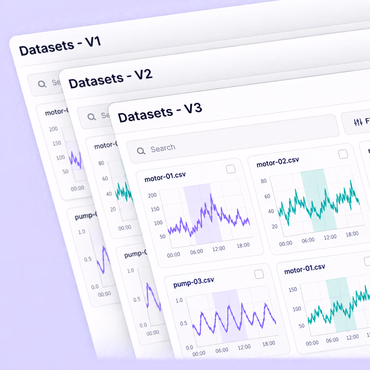 Three versioned Unitlab sensor datasets with CSV chart preview cards.