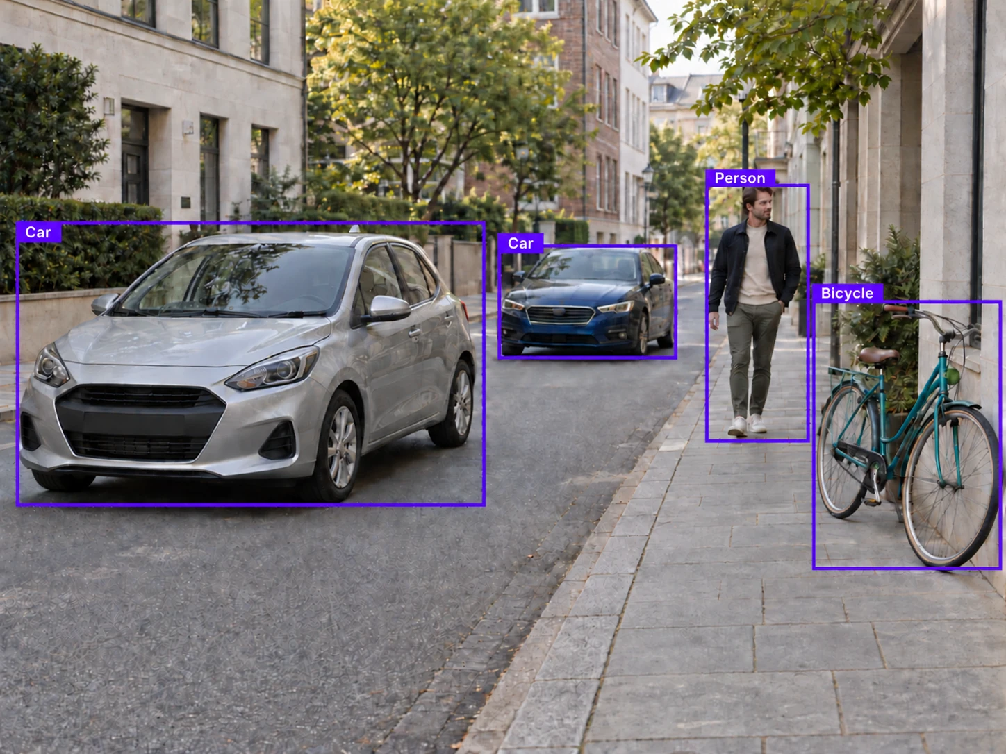 Example result: two cars, one person, and one bicycle enclosed by purple bounding boxes.