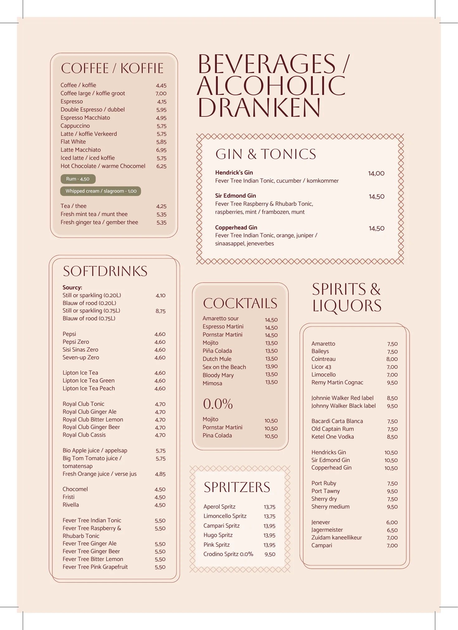 't Nieuwe Kafé drinks and cocktails