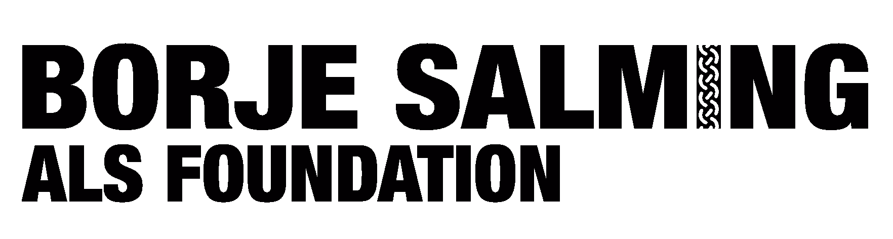 Logotyp för Borje Salming ALS Foundation med namn i svart stiliserad text och en flätad detalj mellan bokstäverna M och I.