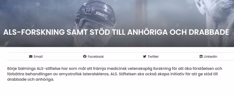 Texten 'ALS-forskning samt stöd till anhöriga och drabbade' över en suddig bild av en ishockeyspelare med hjälm.