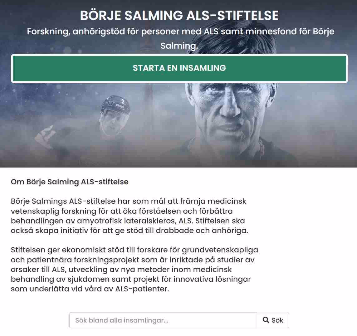 Börje Salming ALS-stiftelse med porträtt av Börje Salming i bakgrunden och en grön knapp för att starta en insamling ovanför informationsrubrik och text om stiftelsen.