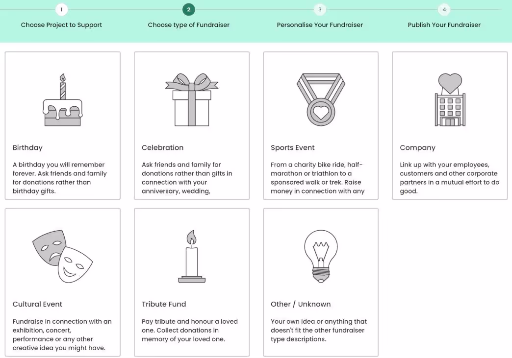 Steg 2 i insamlingsprocessen med sju alternativ: födelsedag med tårta, firande med present, sportevenemang med medalj, företag med byggnad och hjärta, kulturevenemang med teatermasker, minnesfond med ljus och annat/okänt med glödlampa.