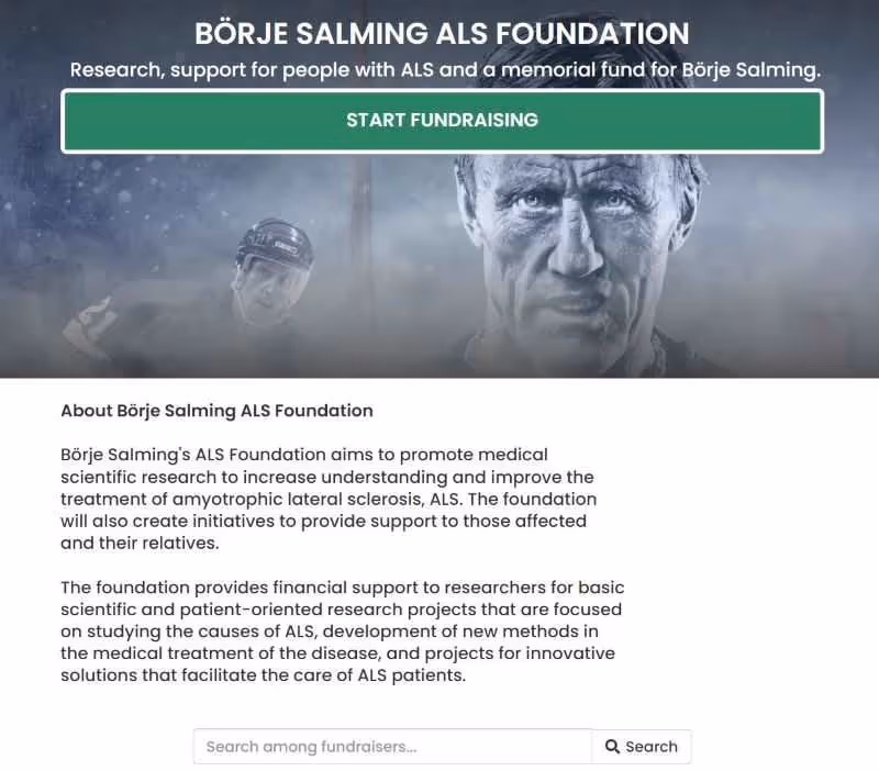 Startsida för Börje Salming ALS Foundation med bild på Börje Salming och text om forskning och stöd för ALS.
