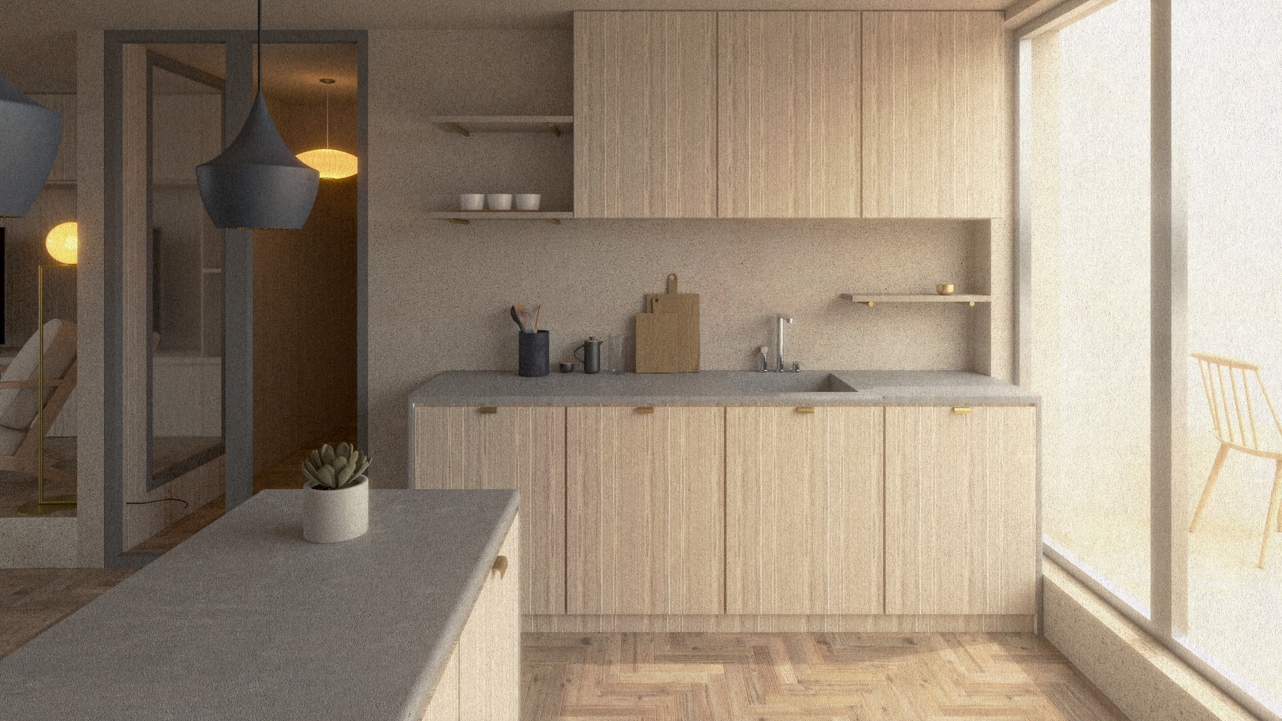 Soft tones: oak kitchen with polished concrete worktop.