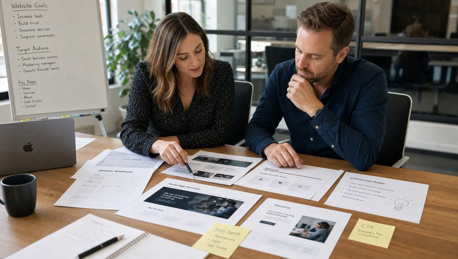 A marketing manager and founder reviewing printed website wireframes, content sections, and conversion notes around a meeting table in a bright office, showing a structured planning session for a business website.