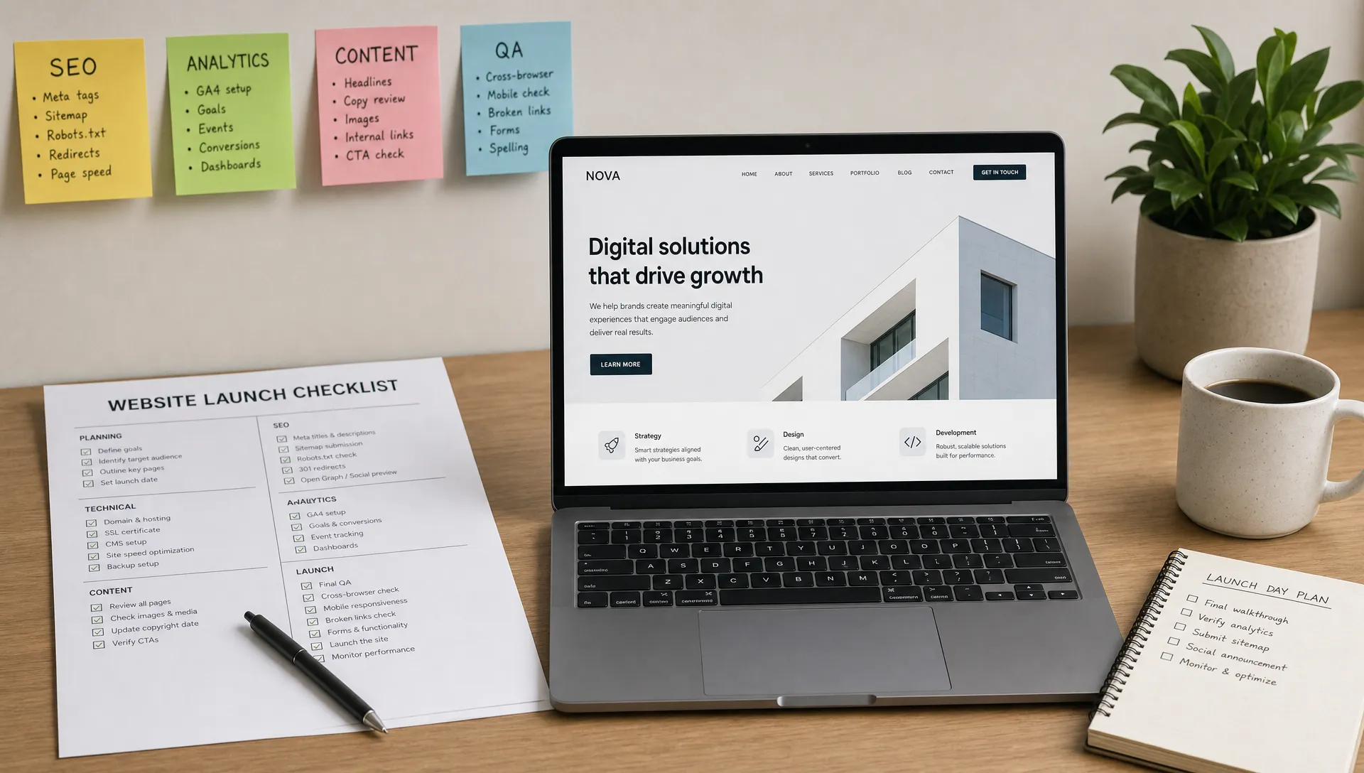 A clean project desk with a printed website launch checklist, sticky notes for SEO, analytics, content, and QA, and a laptop facing the viewer with a simple website preview on the screen.