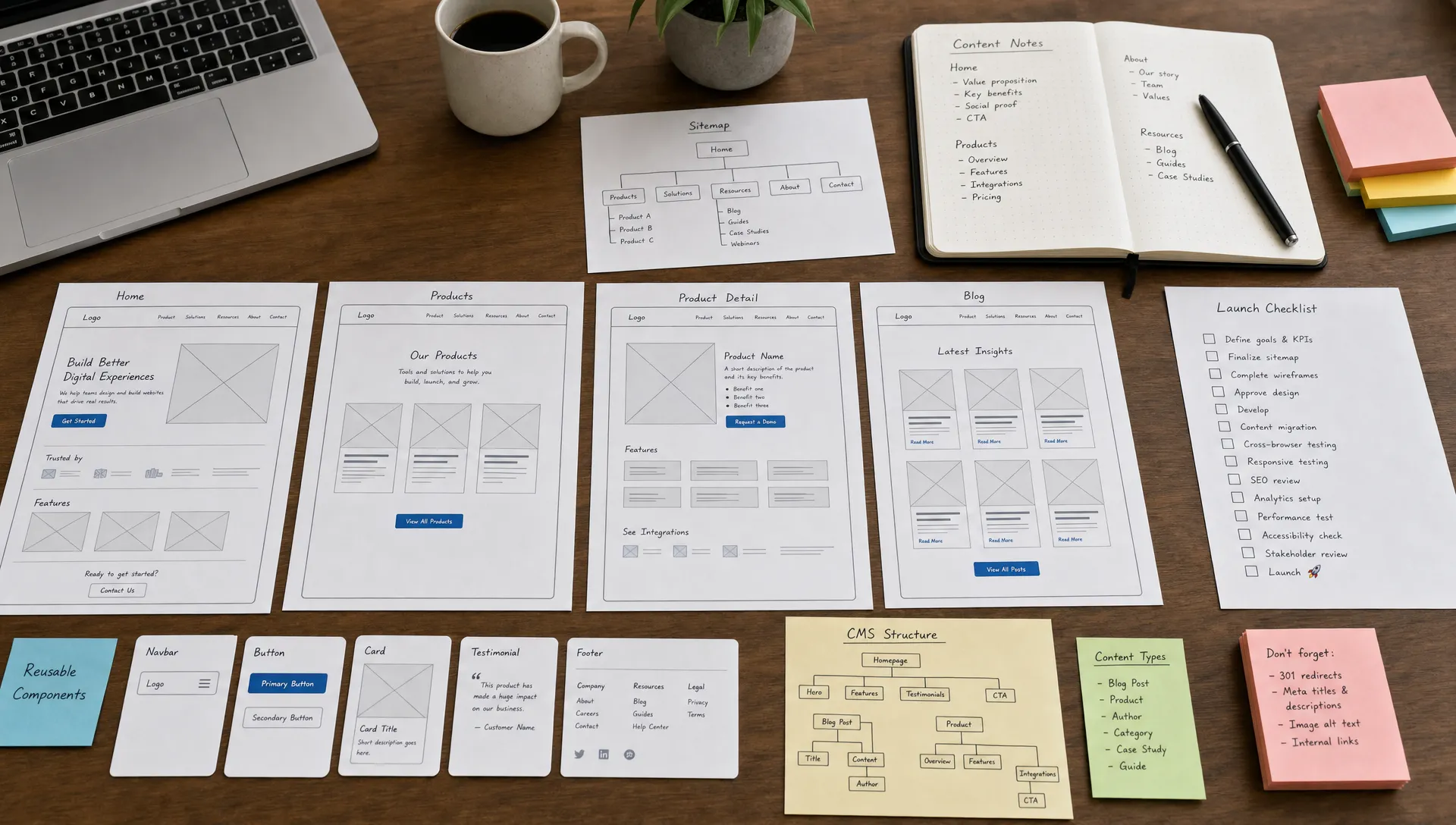 A collaborative planning table with printed wireframes, reusable component cards, content notes, CMS structure sketches, and a launch checklist arranged for a website project.