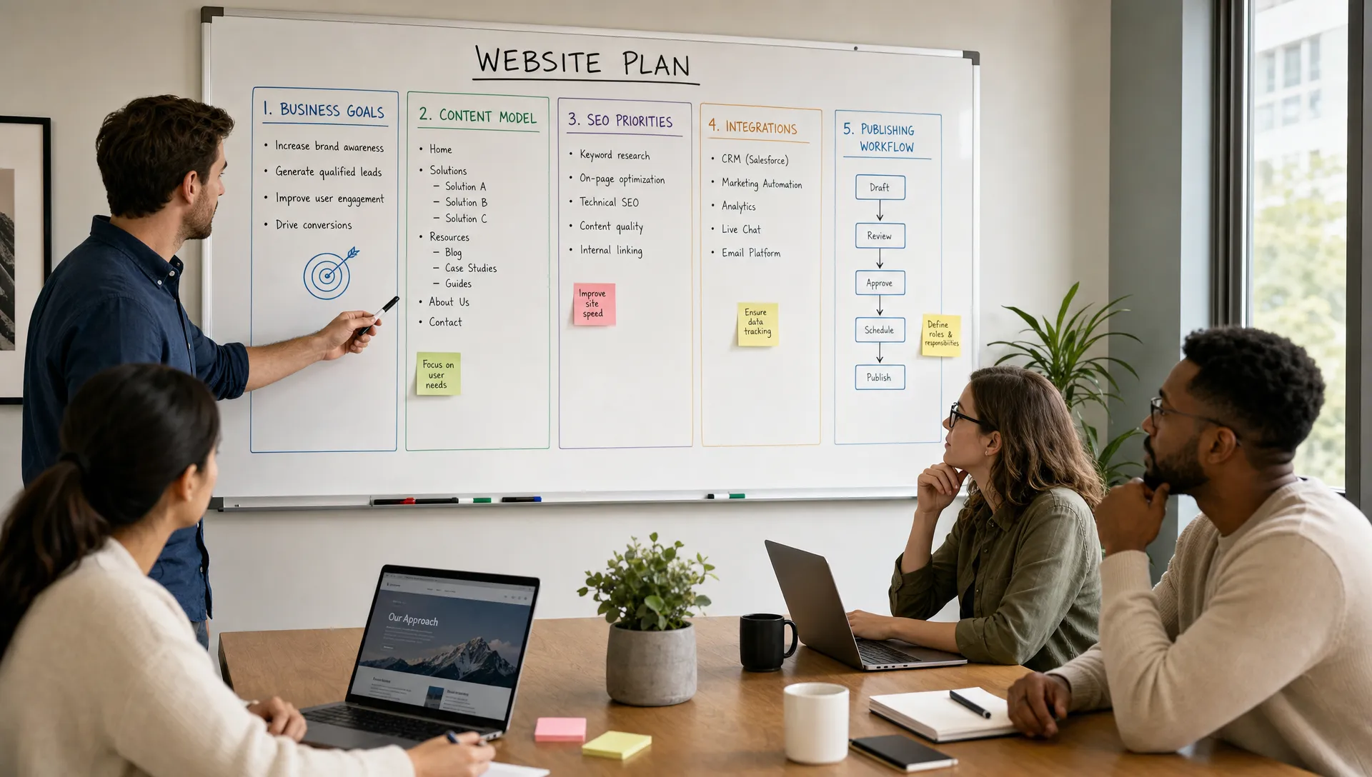 A marketing team reviews a website planning board with sections for business goals, content model, SEO priorities, integrations, and publishing workflow in a modern meeting room.