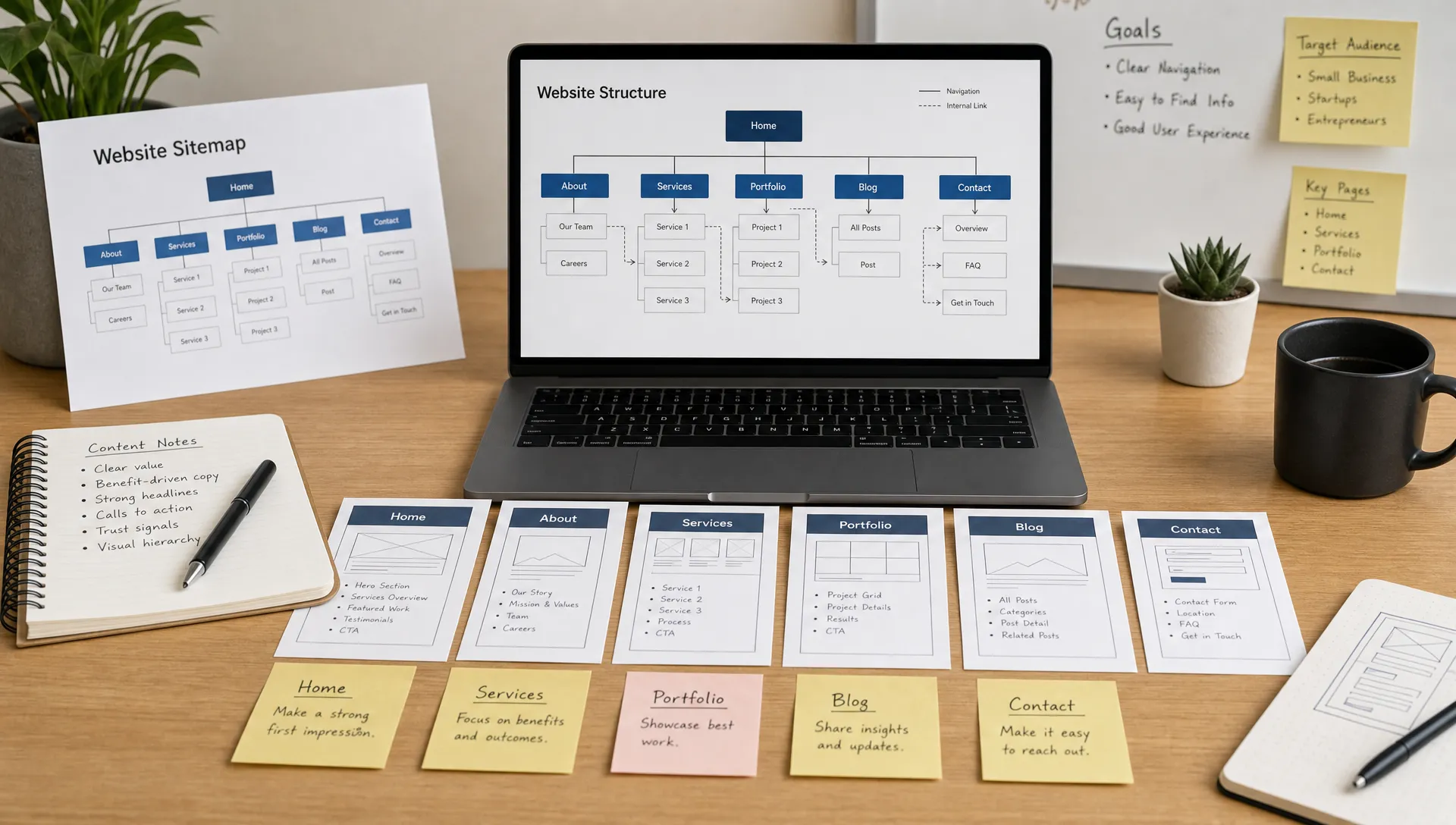 A clean website planning workspace showing a printed sitemap, labeled page cards, content notes, and a laptop screen facing the camera with a simple website hierarchy and clear navigation paths.