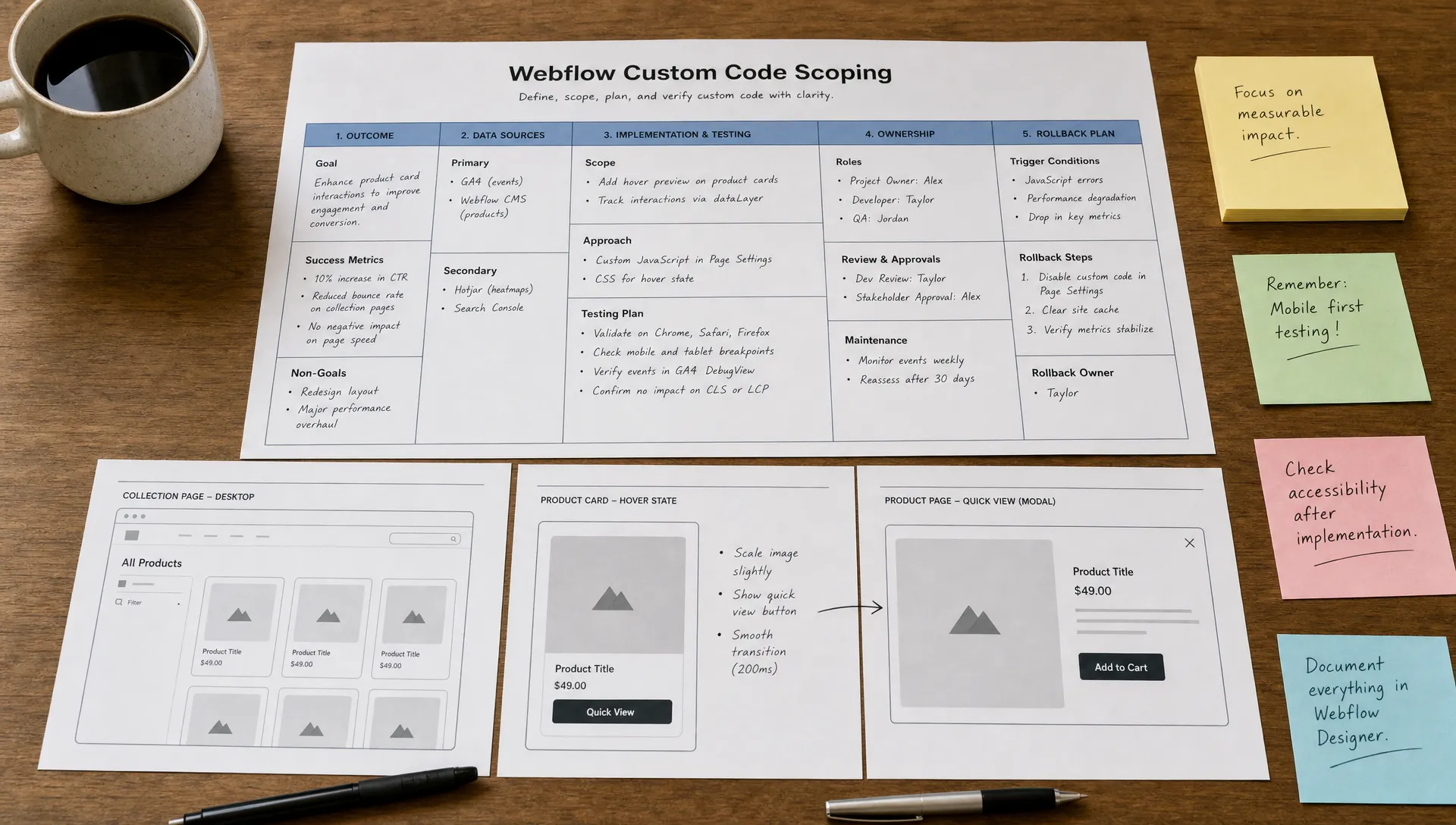 A planning table with printed website wireframes, notes for outcomes, data sources, testing, ownership, and rollback, showing a structured Webflow custom code scoping process.