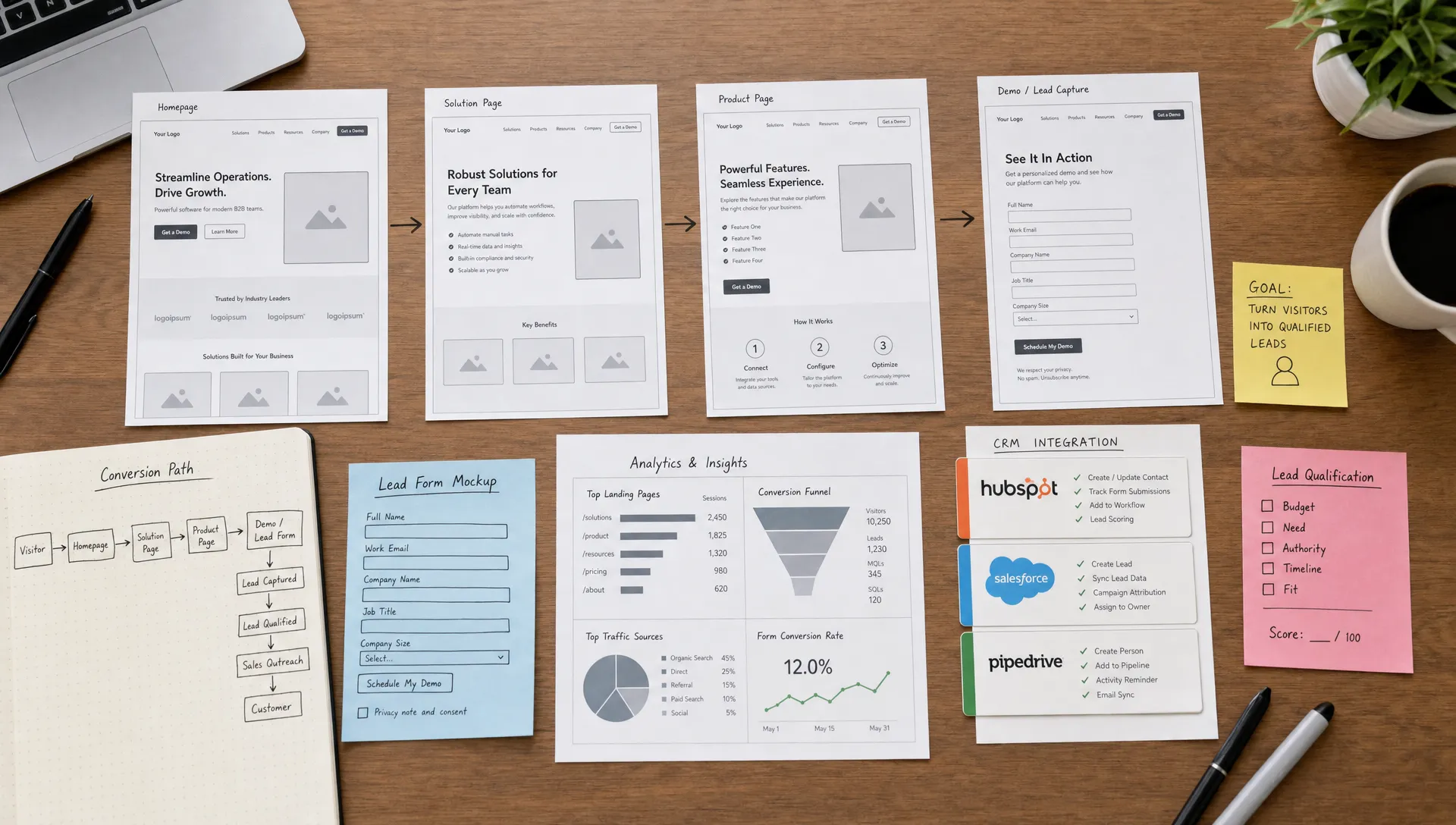 A desk with printed B2B website wireframes, conversion path sketches, lead form mockups, analytics notes, and CRM integration cards arranged to show how a visitor becomes a qualified lead.