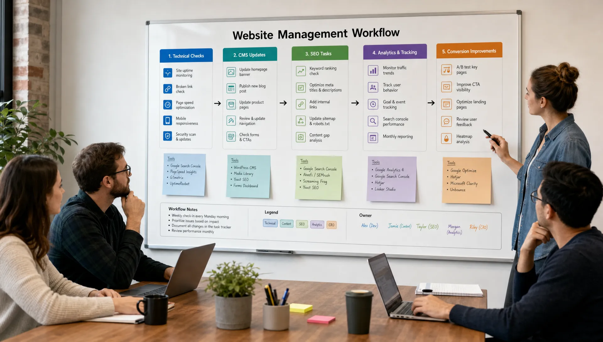 A marketing team reviews a website management workflow with sections for technical checks, CMS updates, SEO tasks, analytics, and conversion improvements displayed on a shared planning board.