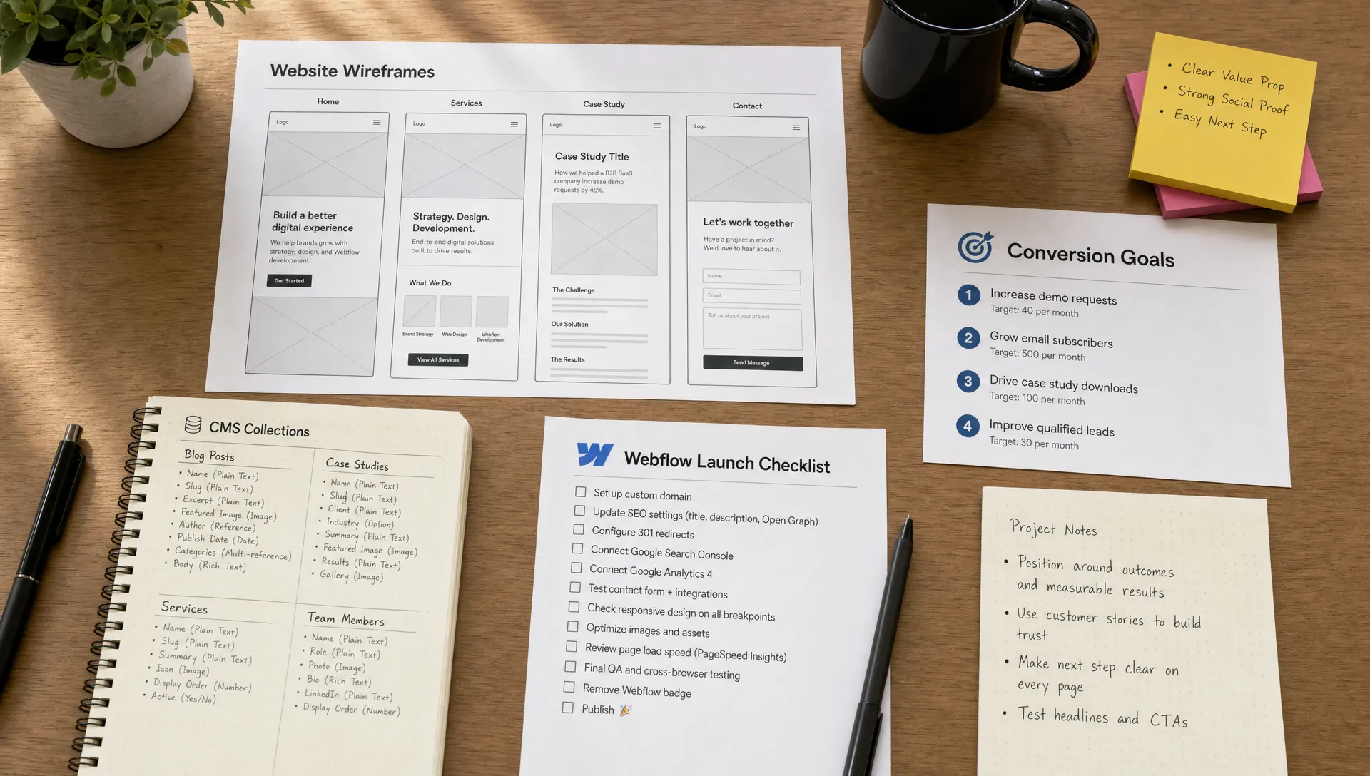 A project planning desk with printed website wireframes, CMS collection notes, conversion goals, and a Webflow launch checklist arranged clearly for a marketing team review.