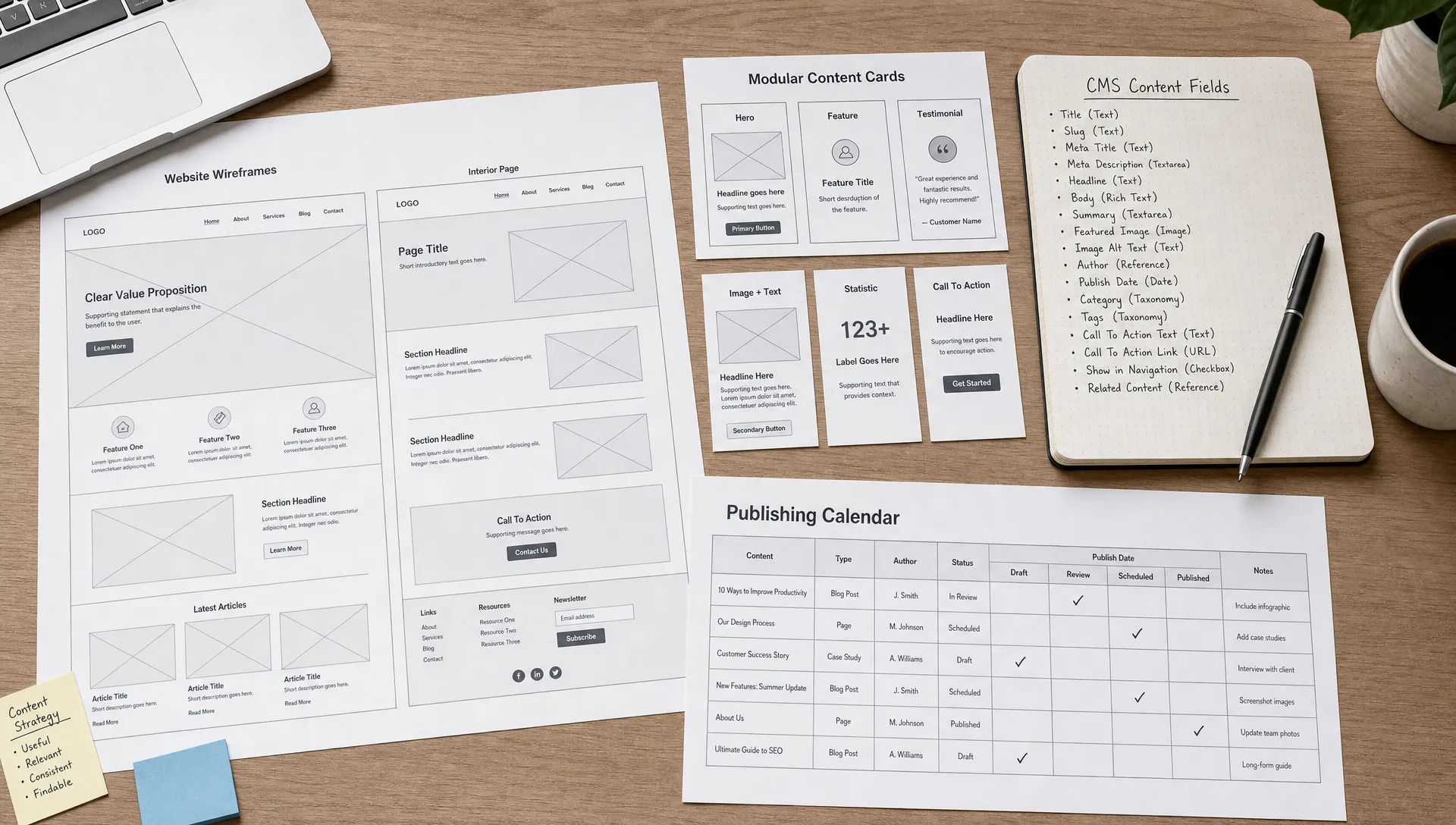 Un espace de travail épuré présentant des wireframes de site web imprimés, des cartes de contenu modulaires, des notes sur les champs CMS et un calendrier de publication, organisés ensemble pour représenter un système structuré de publication web.