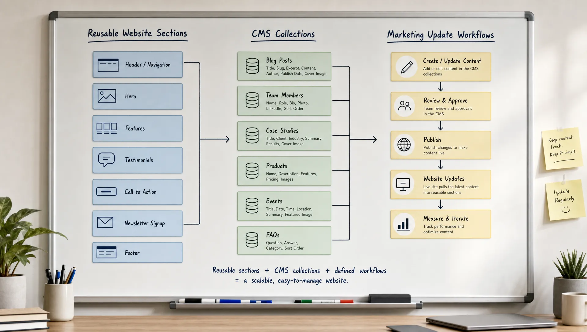 Un tableau de planification montrant des sections de site web réutilisables, des collections CMS et des workflows de mise à jour marketing reliés dans un système simple.