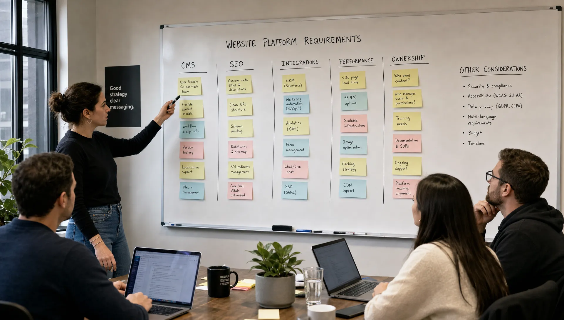 Une équipe marketing B2B cartographie les exigences d'une plateforme web sur un tableau blanc, avec des sections consacrées au CMS, au SEO, aux intégrations, aux performances et à la responsabilité, dans une salle de réunion avec des notes regroupées autour du tableau.