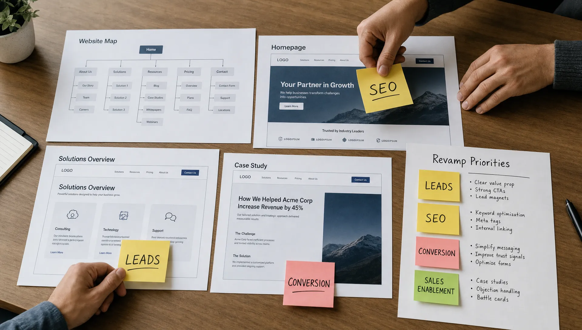 Printed website page maps, sticky notes for leads, SEO, conversion, and sales enablement, and hands organizing revamp priorities on a table.