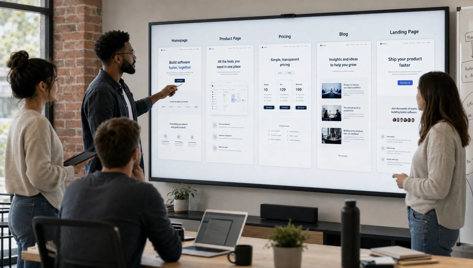 A startup marketing team reviews homepage, product page, pricing, blog, and landing page cards on a large wall display.